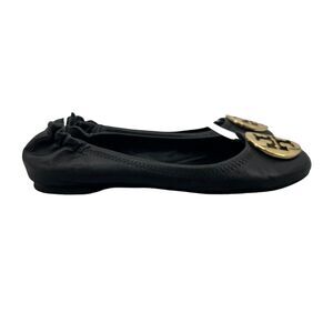Tory Burch Womens 7 Flat Black Minnie Travel Ballet Gold Metal Logo Elastic Back
